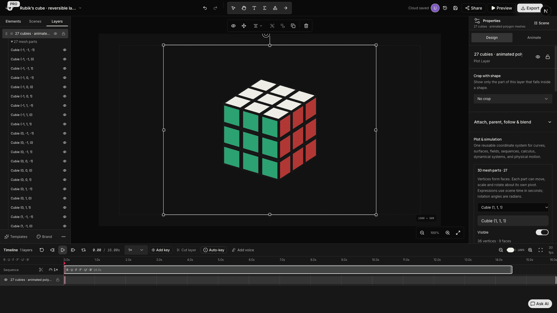 Actual Ultromotion studio with a 3D Rubik’s cube, editable plot layer, properties and animation timeline